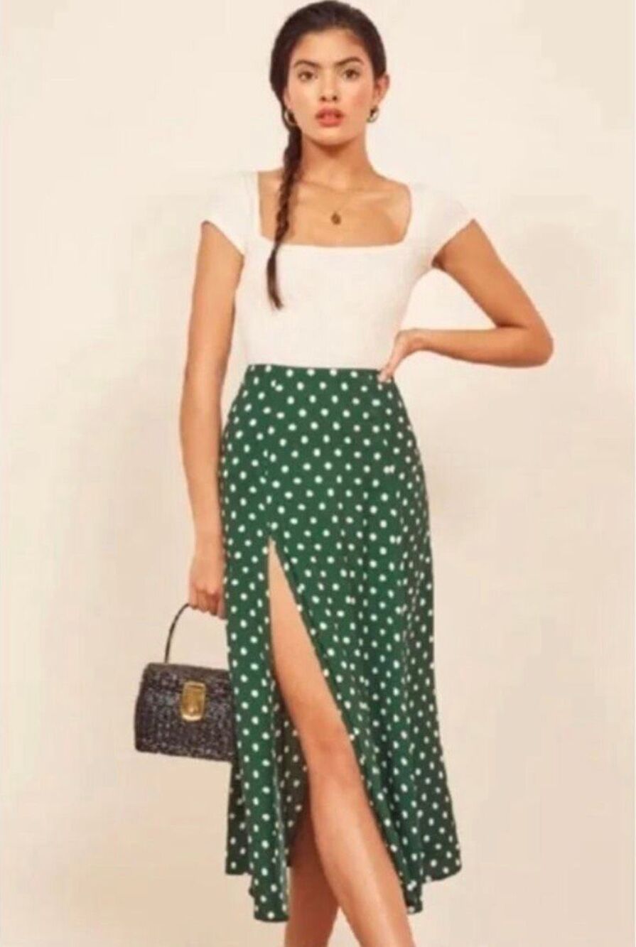 Reformation Green Polka Dot Midi Skirt with Side Slit